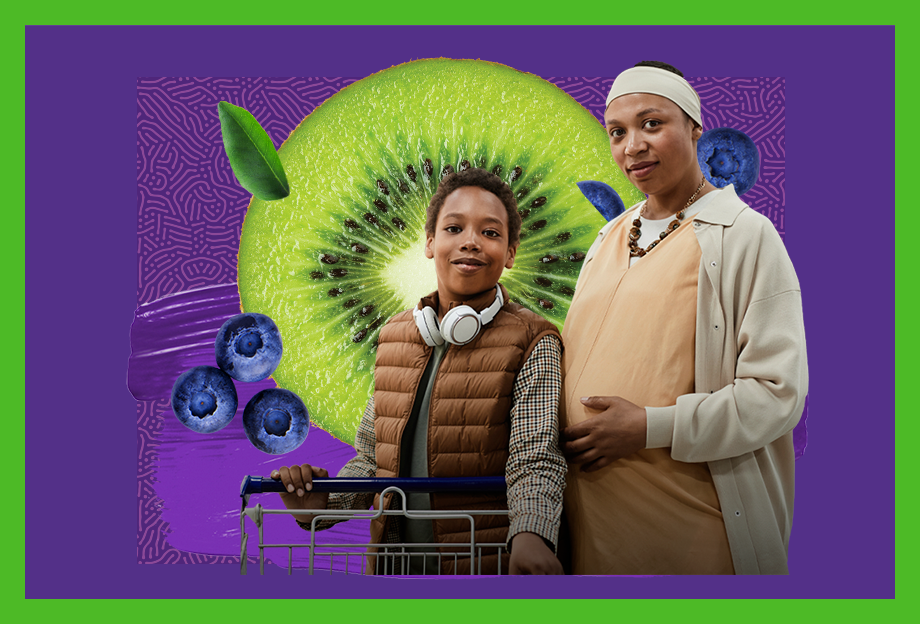 Smiling women wearing a hijab holds her purse over her shoulder posed with a food image collage and #StartwithSNAP